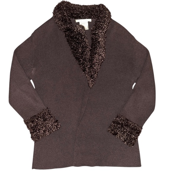 Y2K Max Studio Brown Knitwear Faux Fur Trim Duster Cardigan Sweater - Size XL - Picture 5 of 8